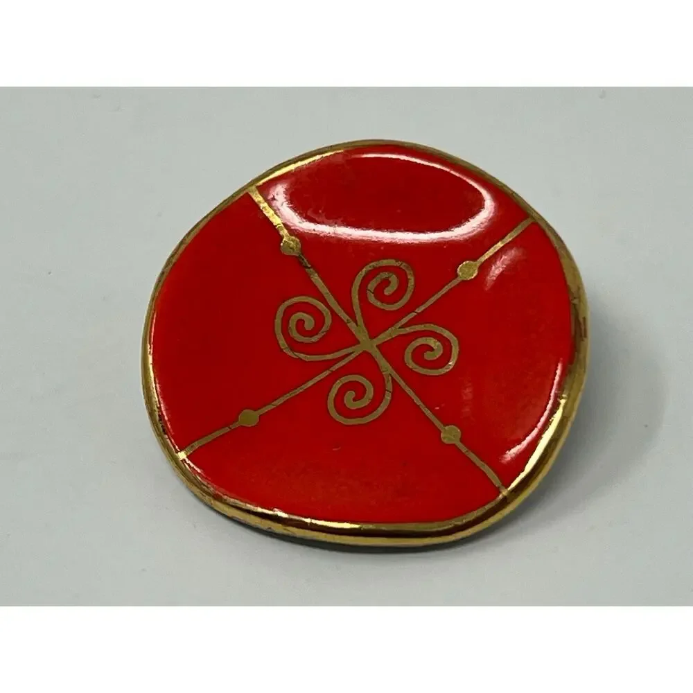 Vintage Milvern Co. Brooch – Hand-Painted Red & Gold Scroll Design, Mid-Century